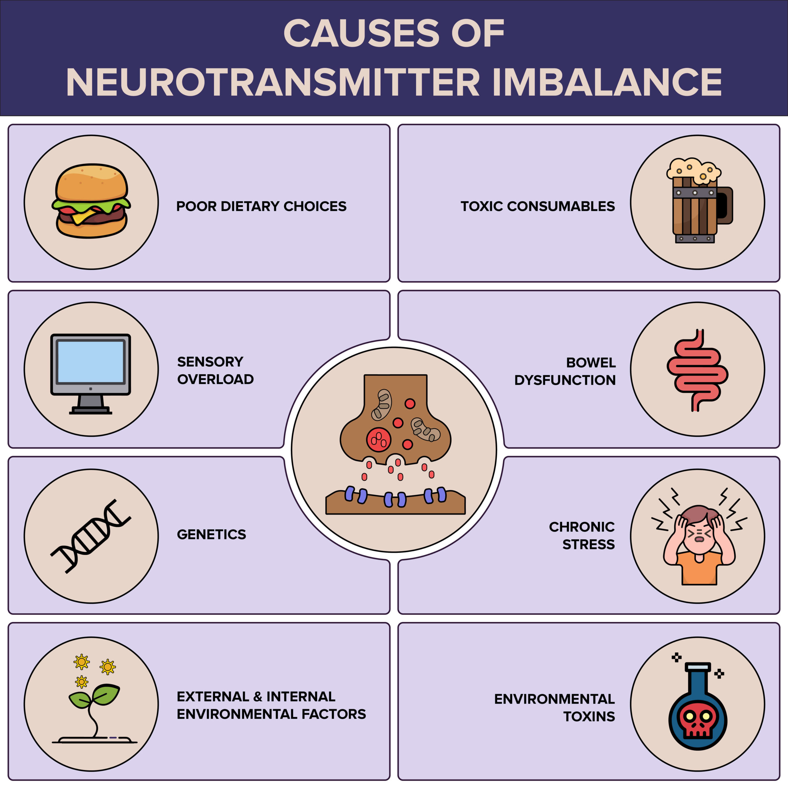 Infographic showing causes for neurotransmitter imbalance